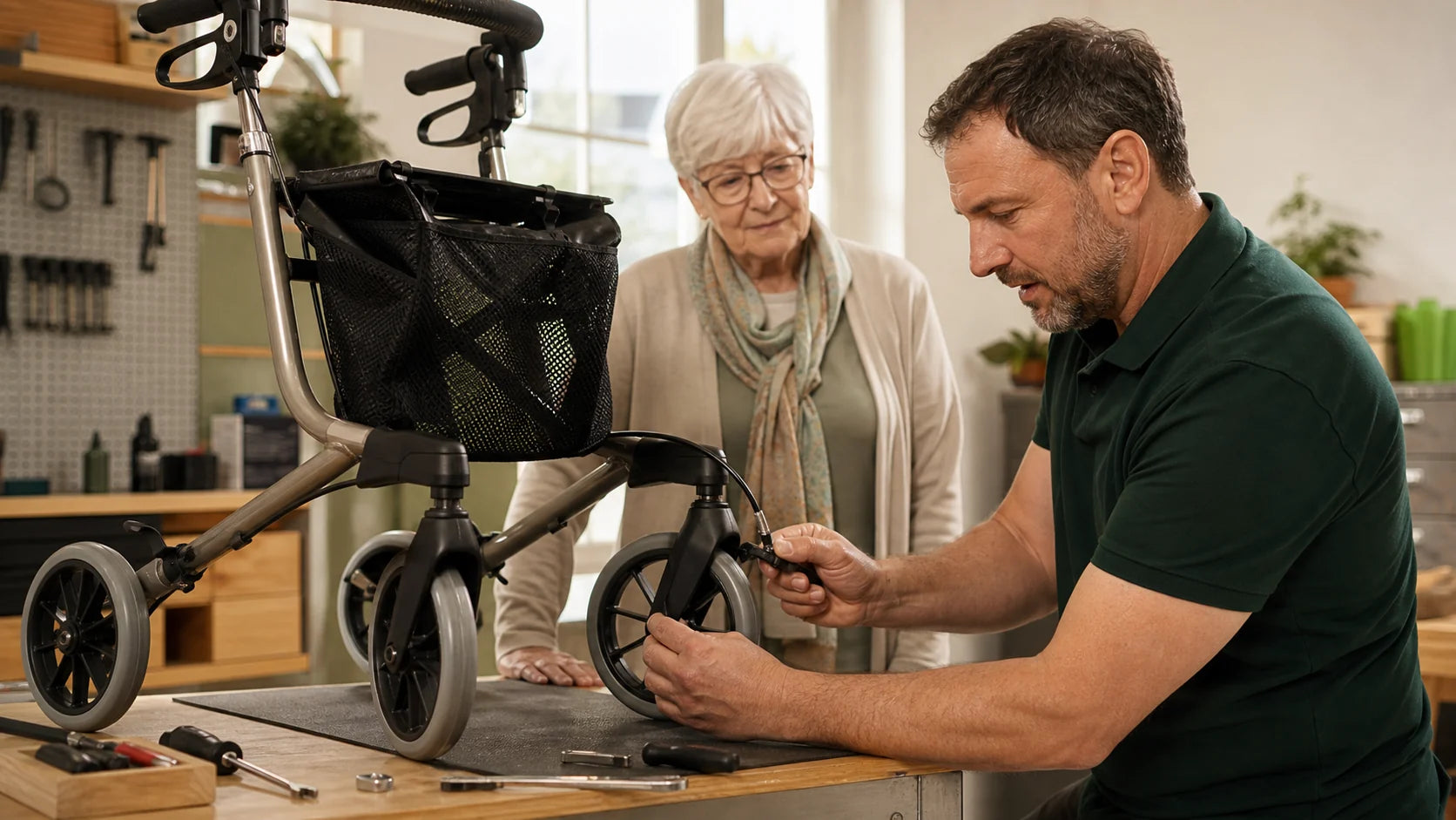 Techniker prüft die Bremse eines Rollators