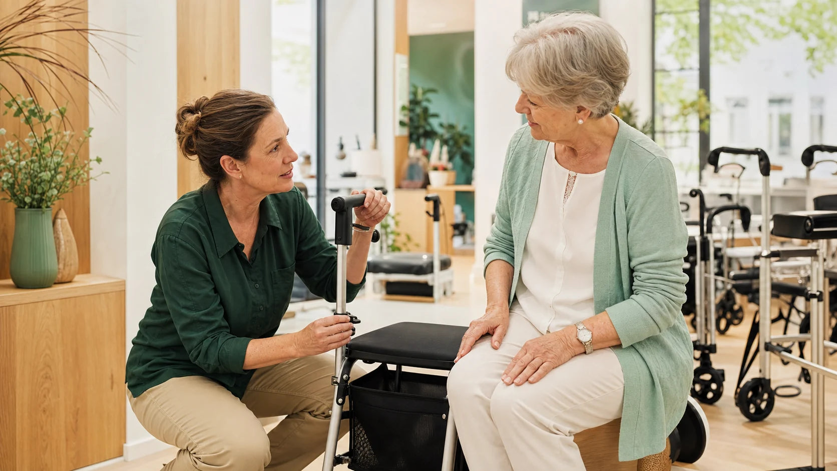 Beraterin passt gemeinsam mit einer Kundin einen Rollator an