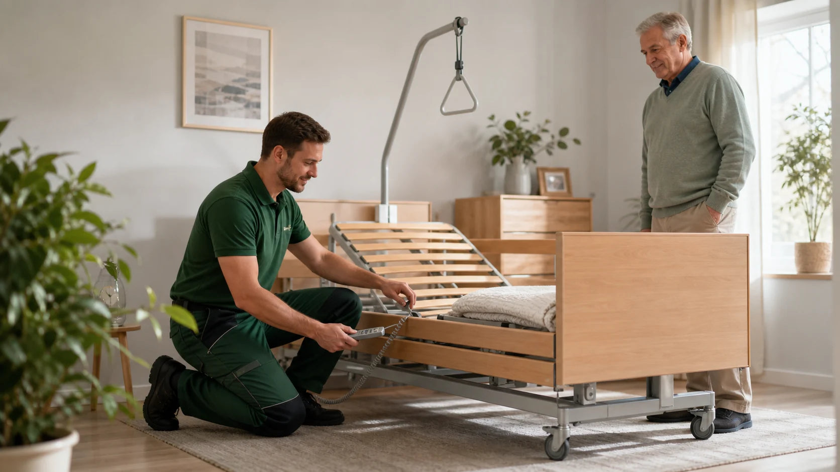 Servicemitarbeiter richtet ein Pflegebett im Zuhause ein